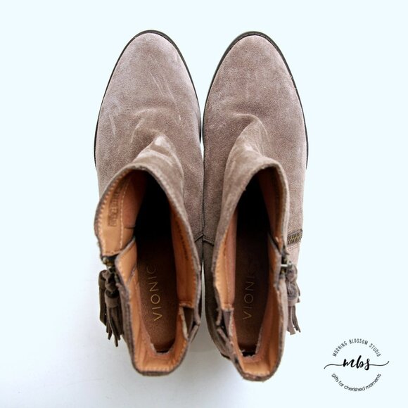 Vionic Madeline Greige Tassel Suede Leather Ankle Boots - Picture 13 of 16